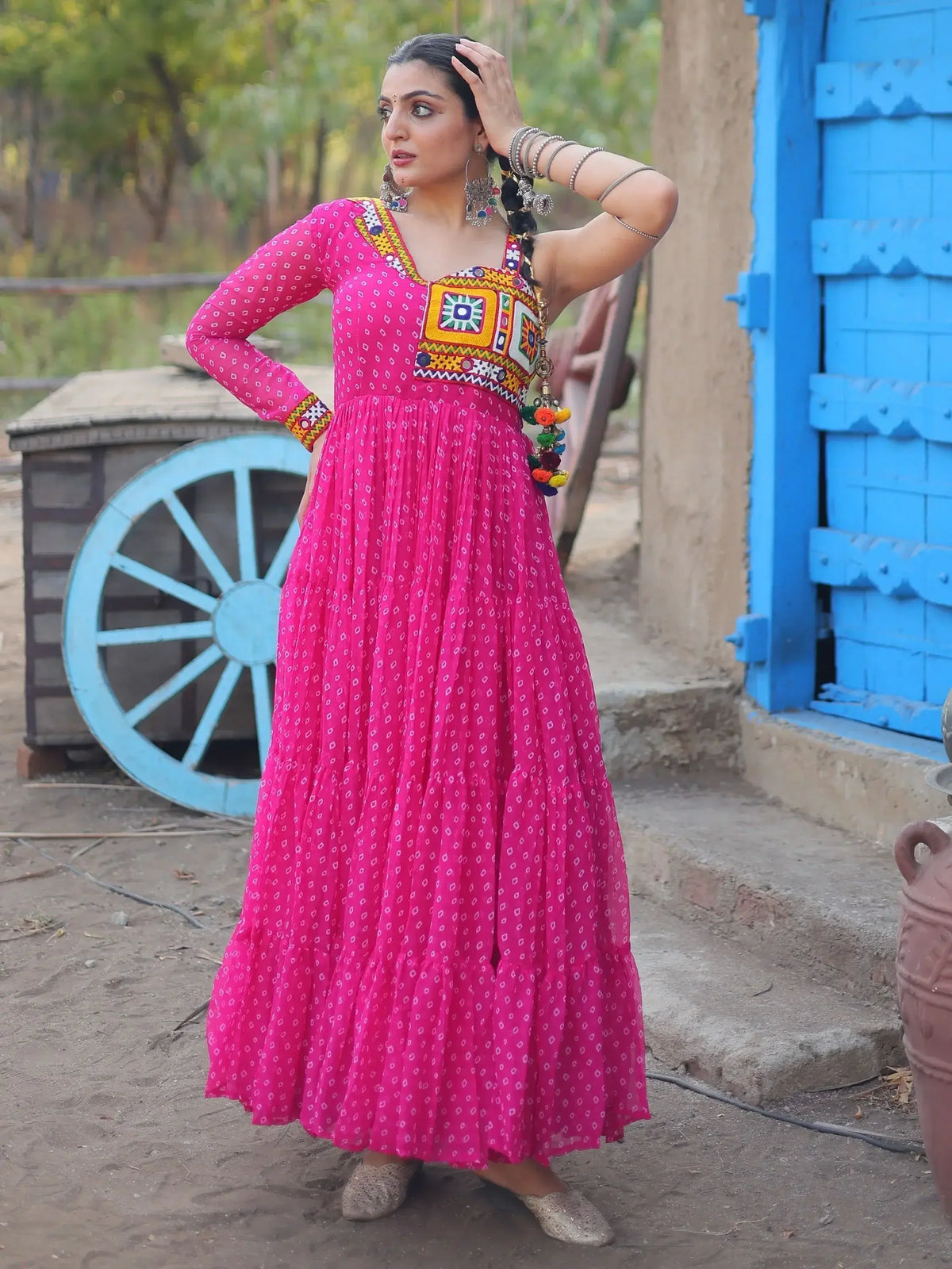 Attractive Pink Bandhani Printed Georgette Navrati Wear Gown