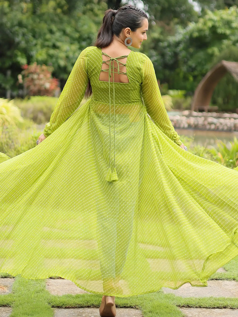 Trendy Lime Green Printed Georgette Navratri Wear Open Long Kurti