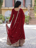 Wonderful Maroon Zari Embroidered Georgette Wedding Wear Gown
