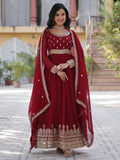 Wonderful Maroon Zari Embroidered Georgette Wedding Wear Gown