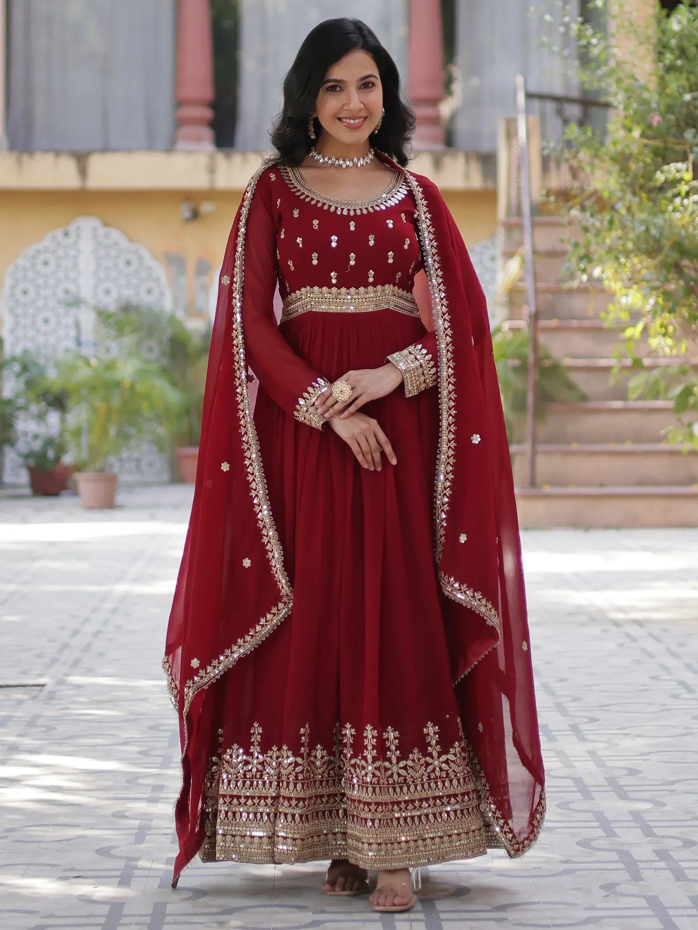 Maroon designer anarkali with gold embroidery and dupatta, perfect for Indian ethnic occasions