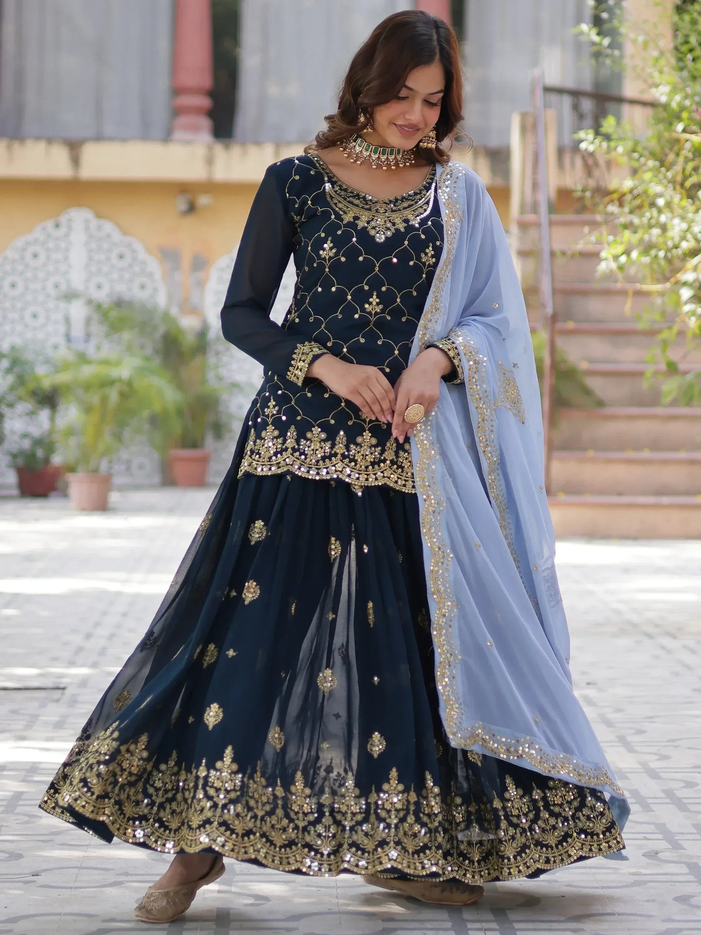 Navy blue embroidered anarkali with gold work and light blue dupatta, Indian ethnic wear