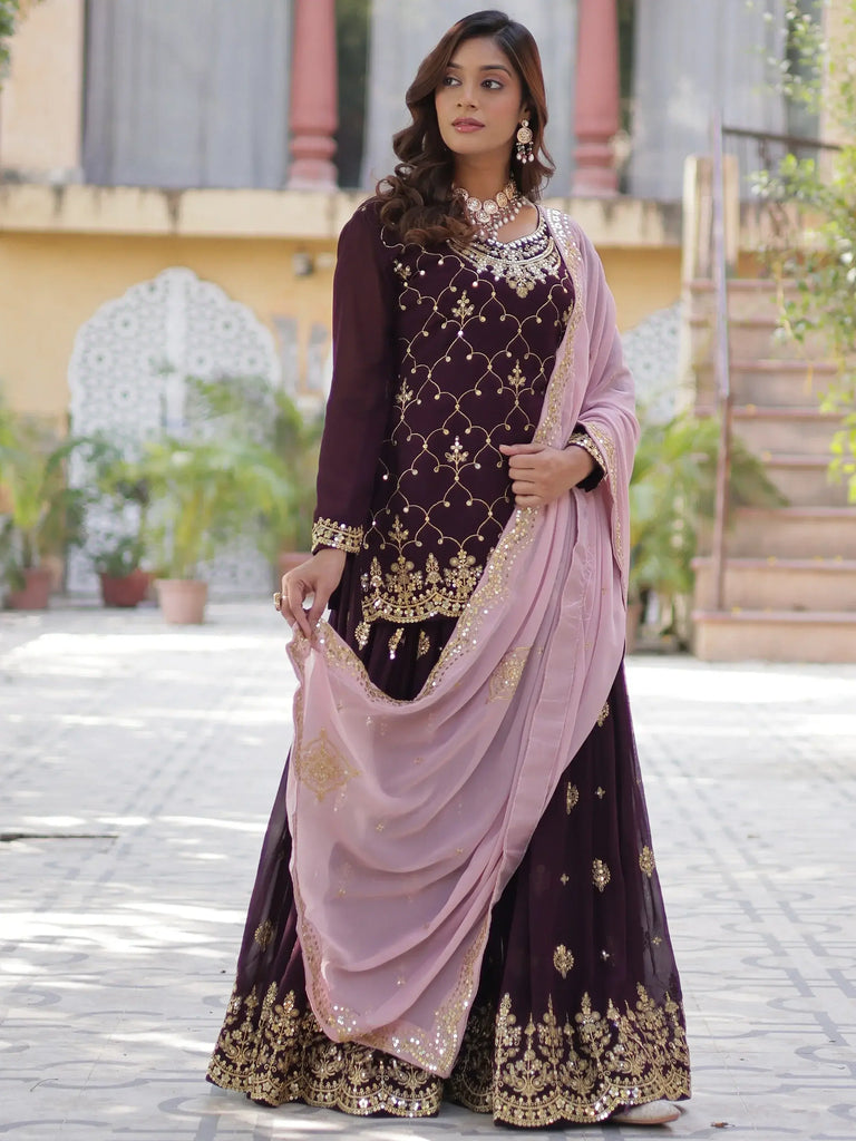 Glamorous Wine Sequins Georgette Festival Wear Sharara Suit