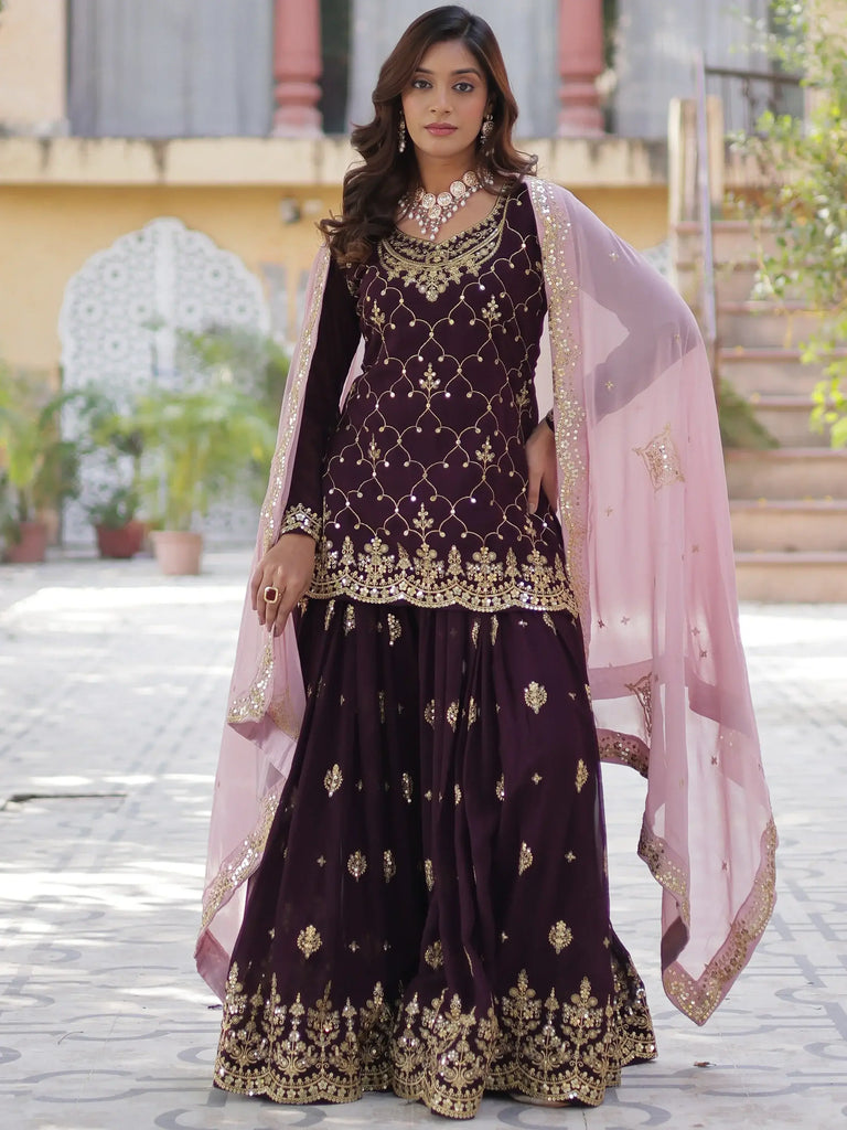 Glamorous Wine Sequins Georgette Festival Wear Sharara Suit