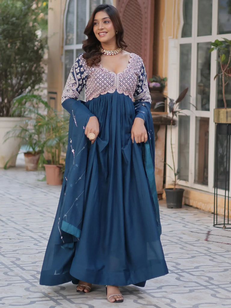 Attractive Blue Sequins Georgette Anarkali Gown With Dupatta