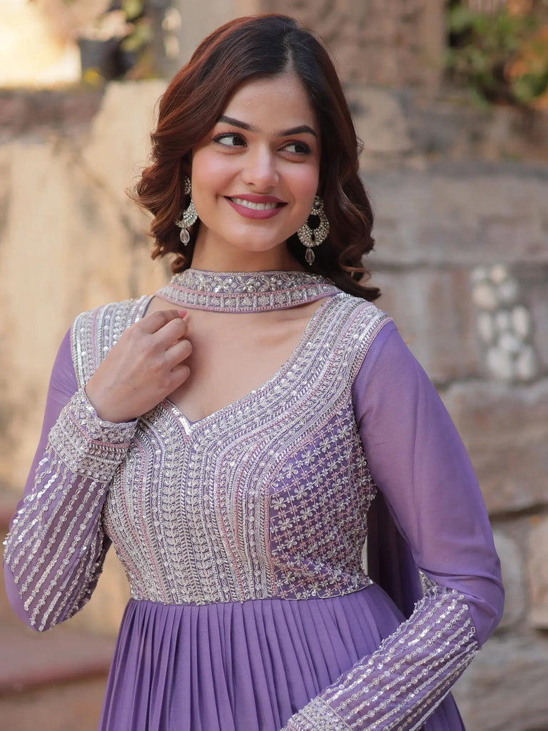 Tantalizing Lavender Beads Work Georgette Festival Wear Gown With Dupatta