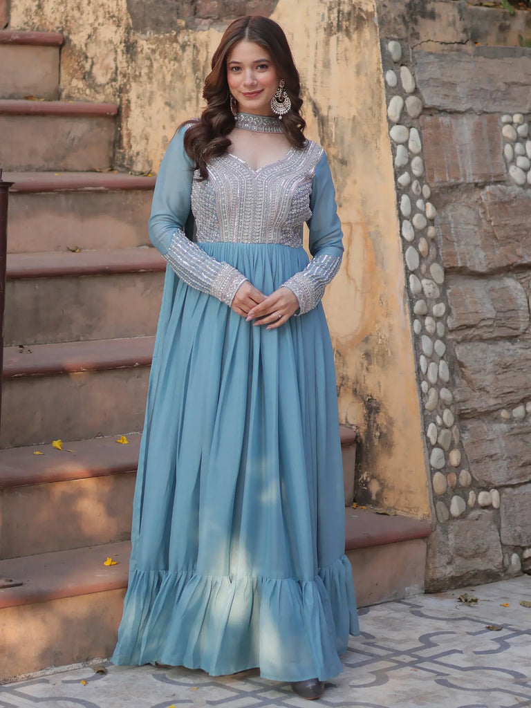 Attractive Sky Blue Beads Work Georgette Traditional Gown With Dupatta