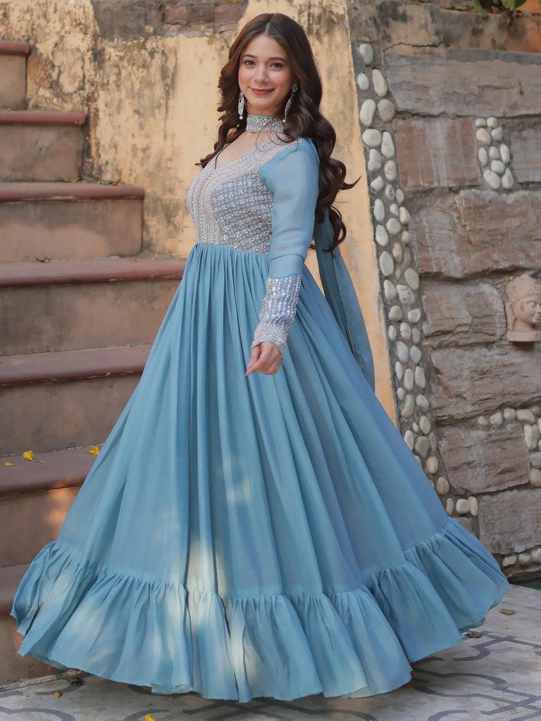 Attractive Sky Blue Beads Work Georgette Traditional Gown With Dupatta
