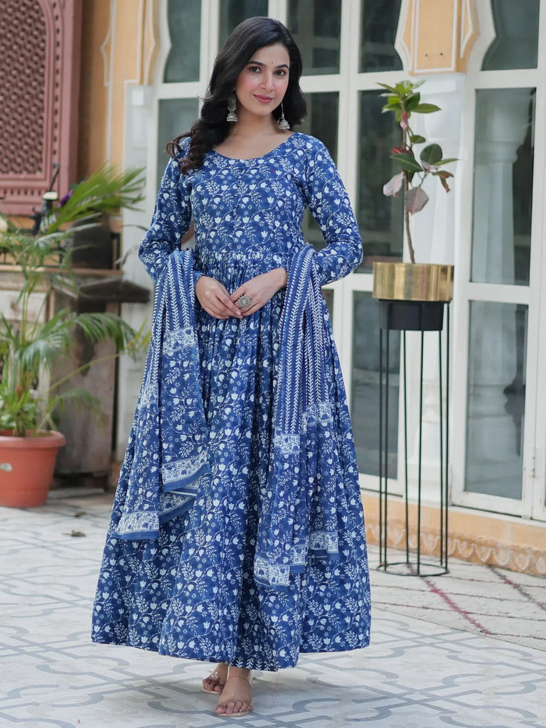 Marvelous Blue Digital Printed Cotton Casual Wear Gown With Dupatta