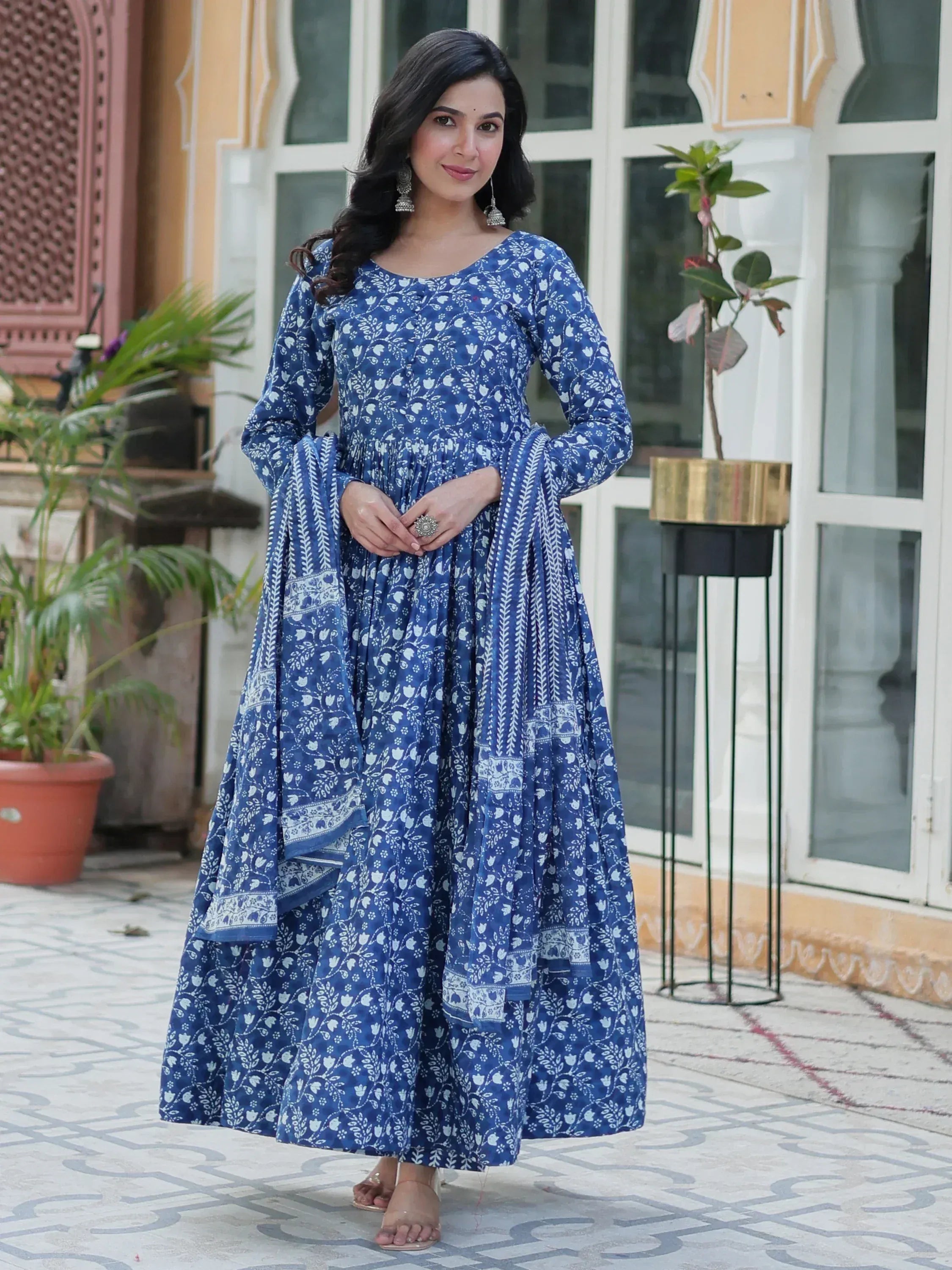 Blue floral printed anarkali suit with matching dupatta, perfect for Indian ethnic occasions