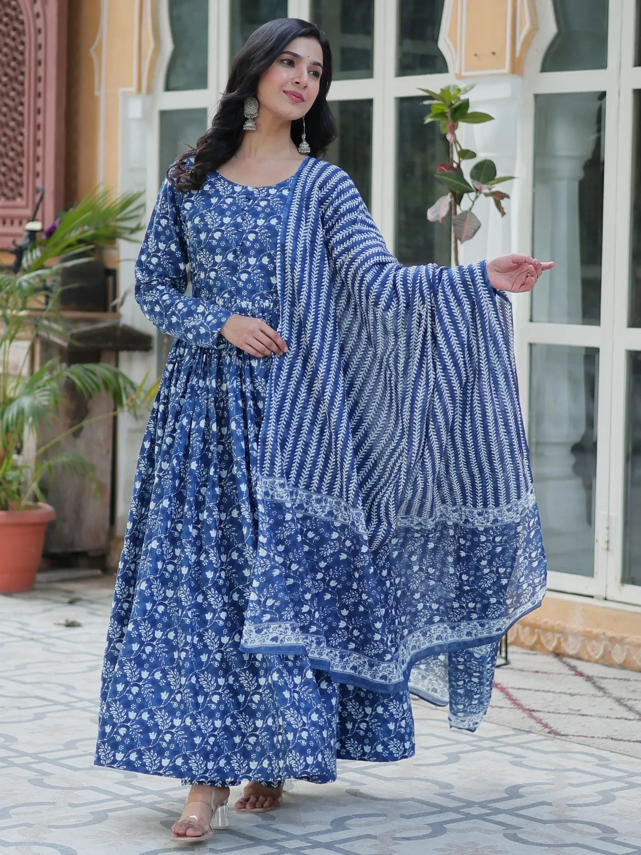 Blue floral printed ethnic gown with matching dupatta for women
