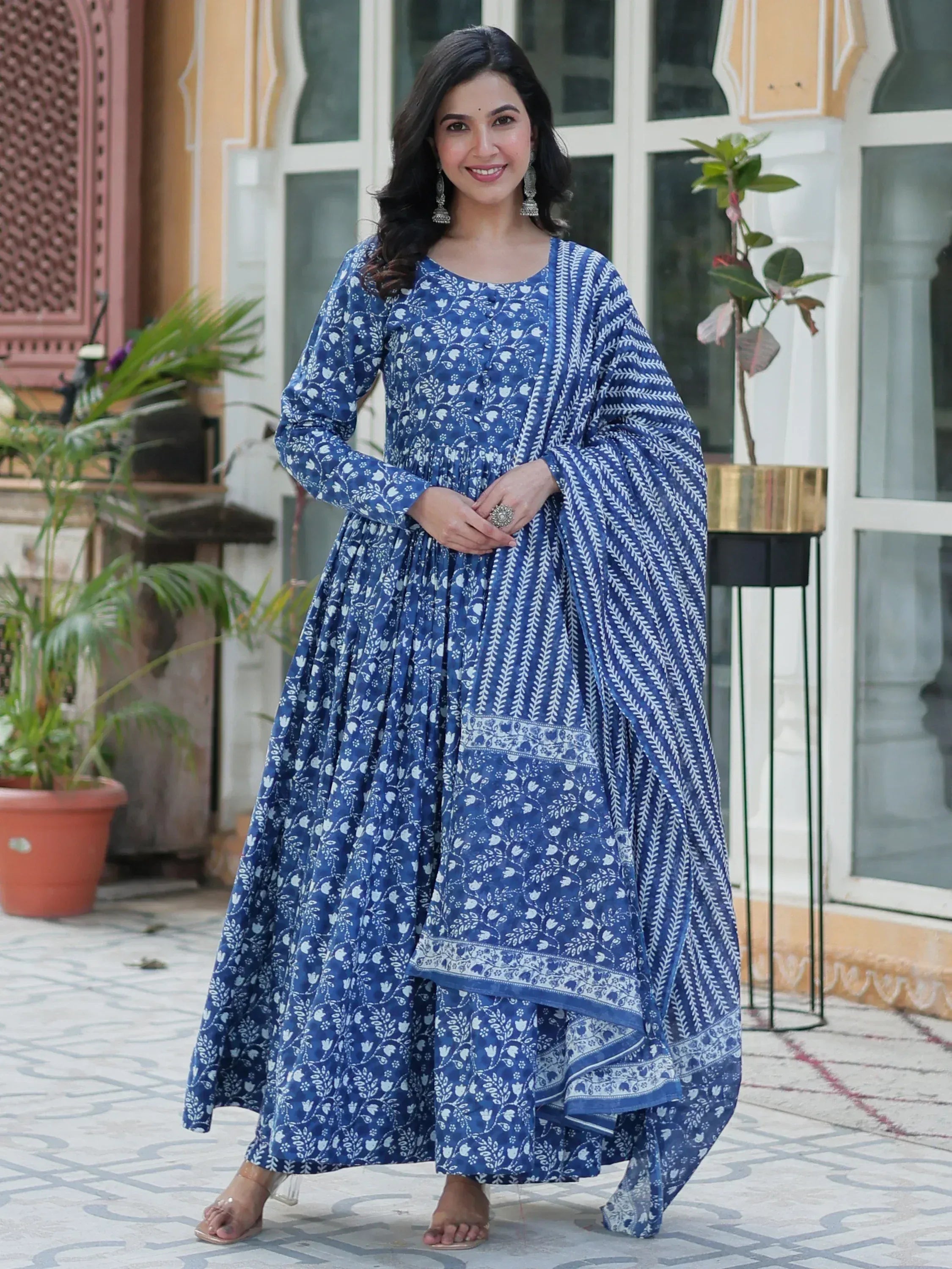 Blue floral print anarkali suit with matching dupatta, ethnic Indian wear for women