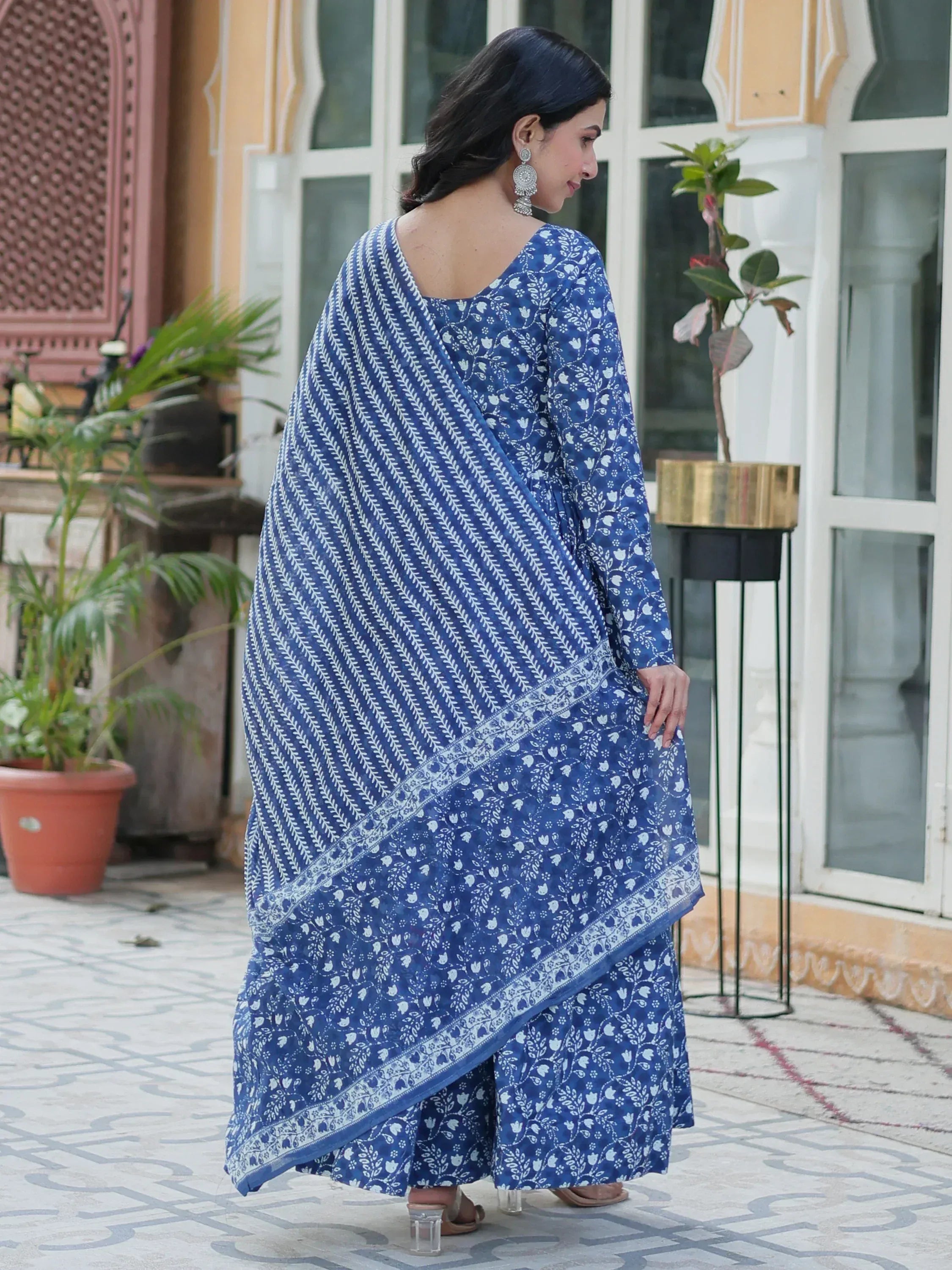 Blue floral printed ethnic salwar kameez with matching dupatta, perfect for traditional occasions.