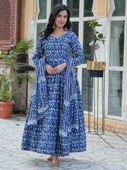 Marvelous Blue Digital Printed Cotton Casual Wear Gown With Dupatta