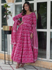 Attractive Pink Digital Printed Cotton Traditional Gown With Dupatta