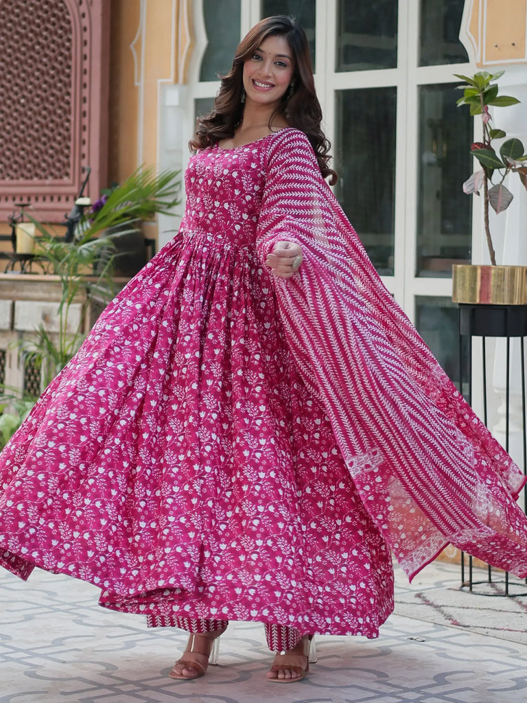 Attractive Pink Digital Printed Cotton Traditional Gown With Dupatta