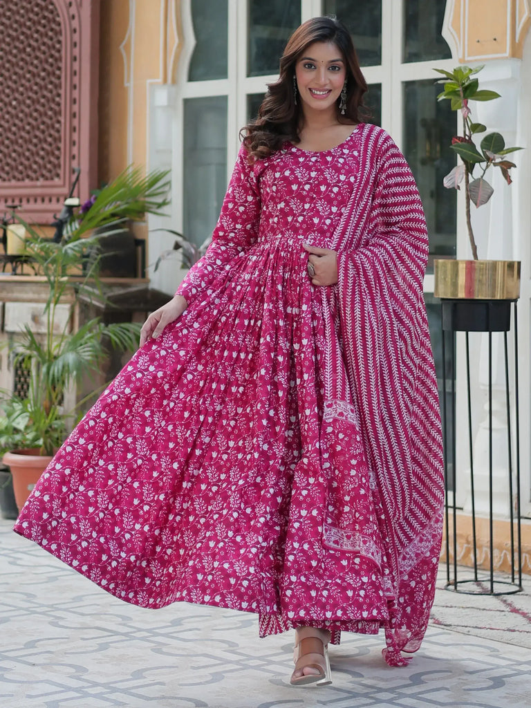 Attractive Pink Digital Printed Cotton Traditional Gown With Dupatta