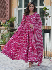 Attractive Pink Digital Printed Cotton Traditional Gown With Dupatta
