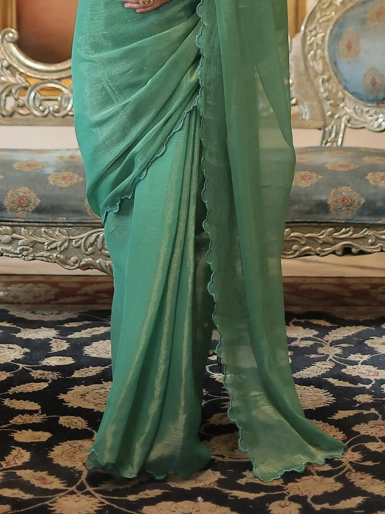 Fascinating Green Organza Party Wear Saree With Jacquard Blouse