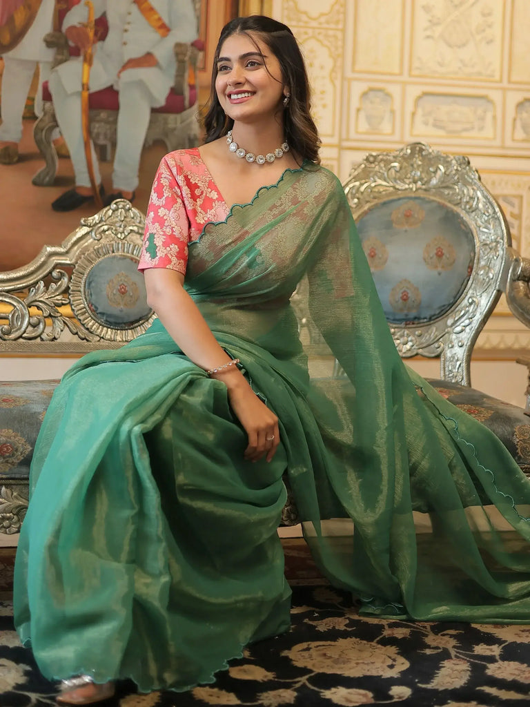 Fascinating Green Organza Party Wear Saree With Jacquard Blouse