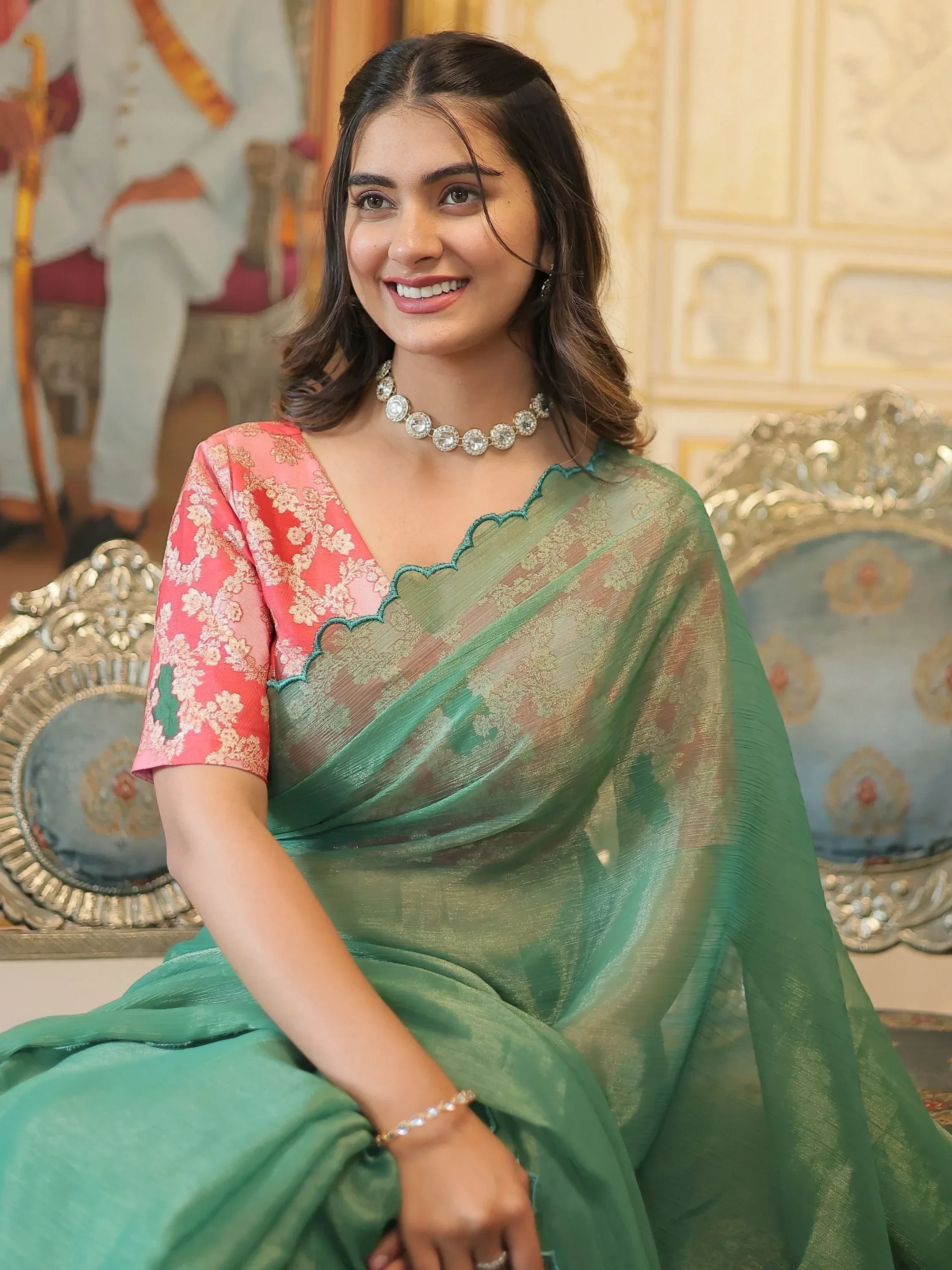 Fascinating Green Organza Party Wear Saree With Jacquard Blouse