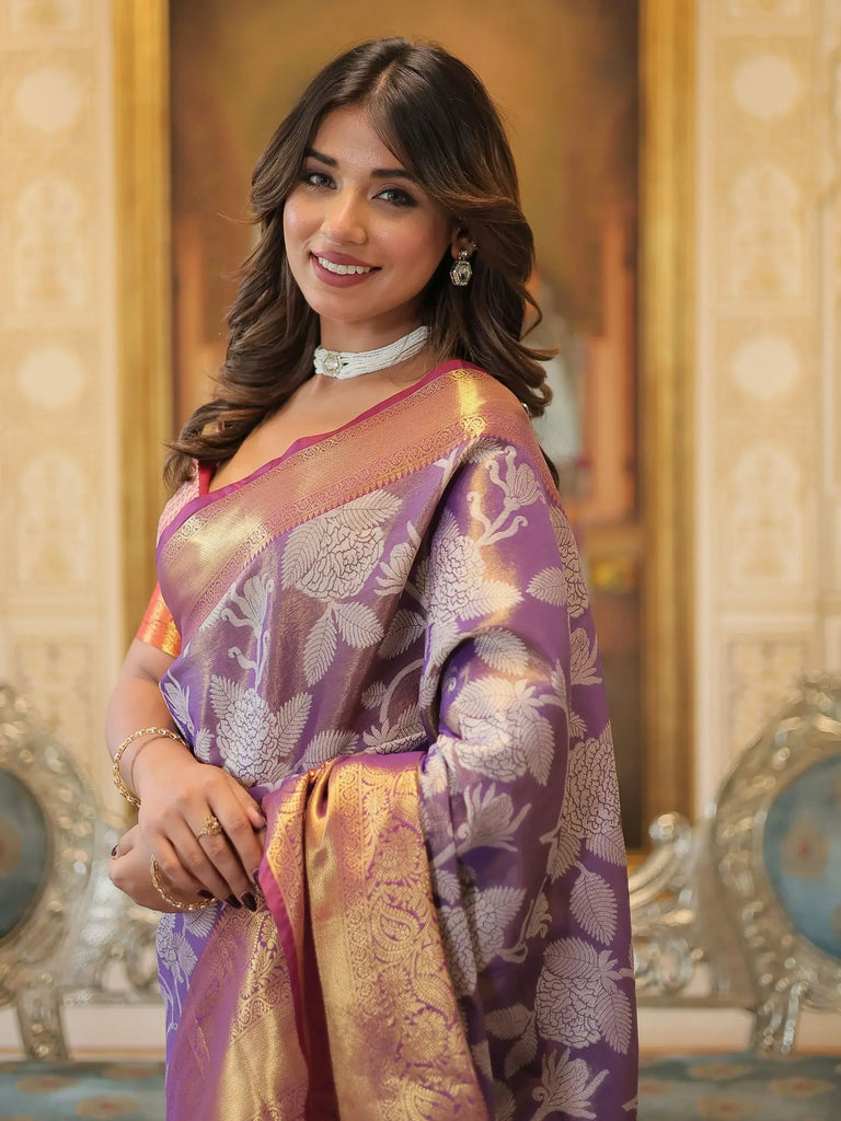 Attractive Purple Zari Weaving Kanjivaram Silk Function Wear Saree