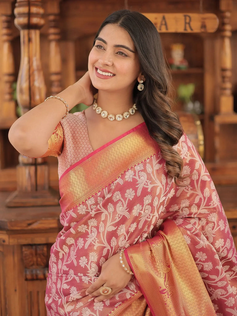 Beautiful Coral Red Zari Weaving Kanjivaram Silk Festival Wear Saree
