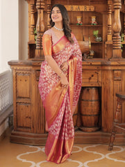 Beautiful Coral Red Zari Weaving Kanjivaram Silk Festival Wear Saree
