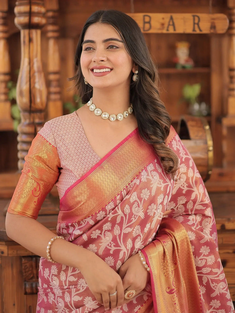 Beautiful Coral Red Zari Weaving Kanjivaram Silk Festival Wear Saree