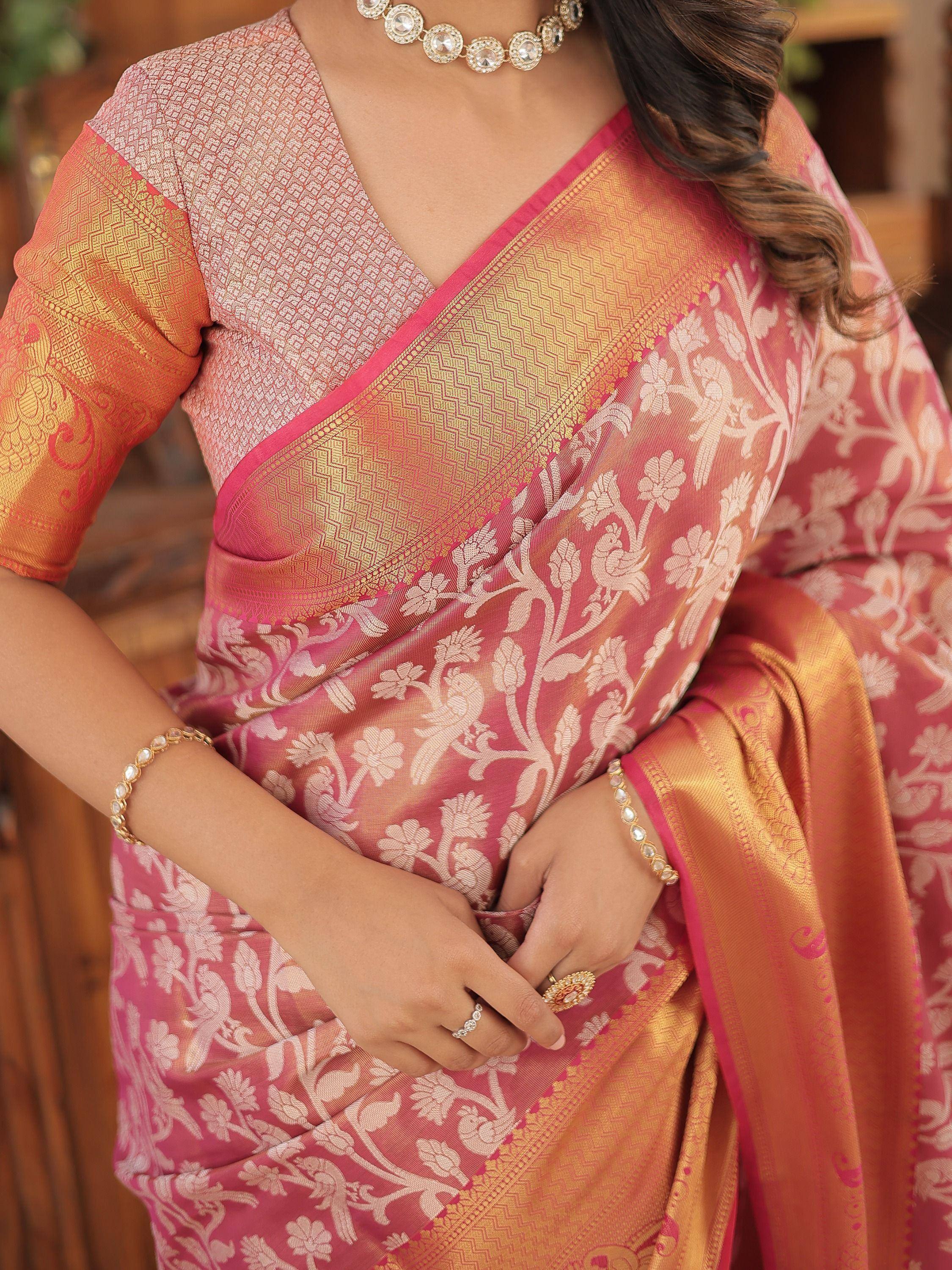 Pink and gold floral saree with designer blouse, perfect for Indian ethnic wear occasions