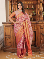 Beautiful Coral Red Zari Weaving Kanjivaram Silk Festival Wear Saree