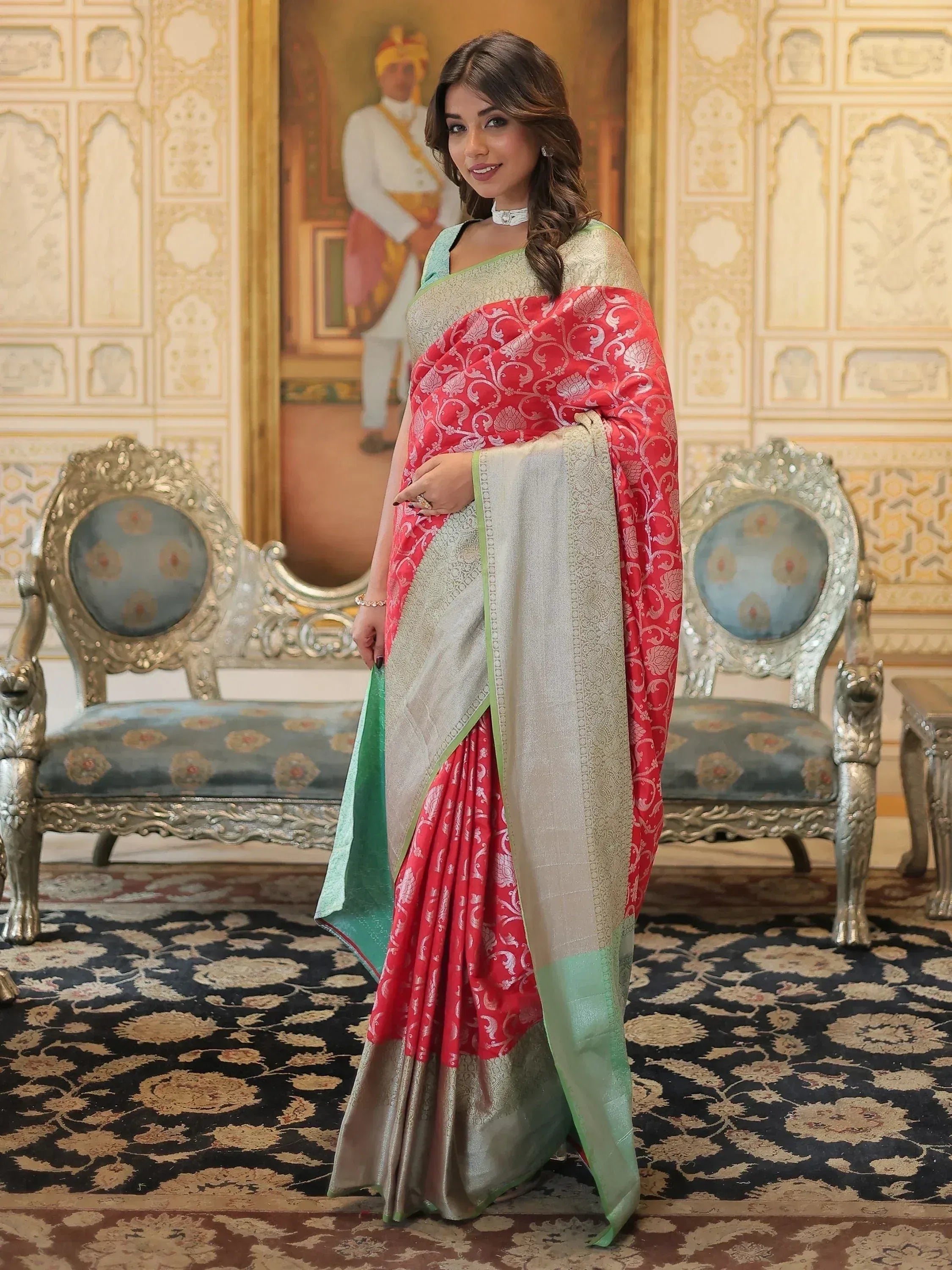 Red and silver designer saree with green border, ethnic wear for women, traditional Indian fashion