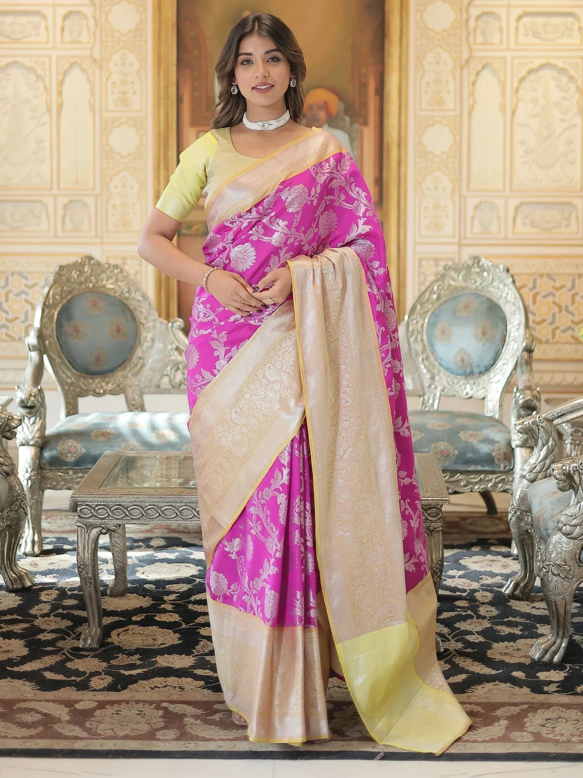 Pink and gold floral designer saree with yellow blouse, perfect for Indian ethnic wear occasions