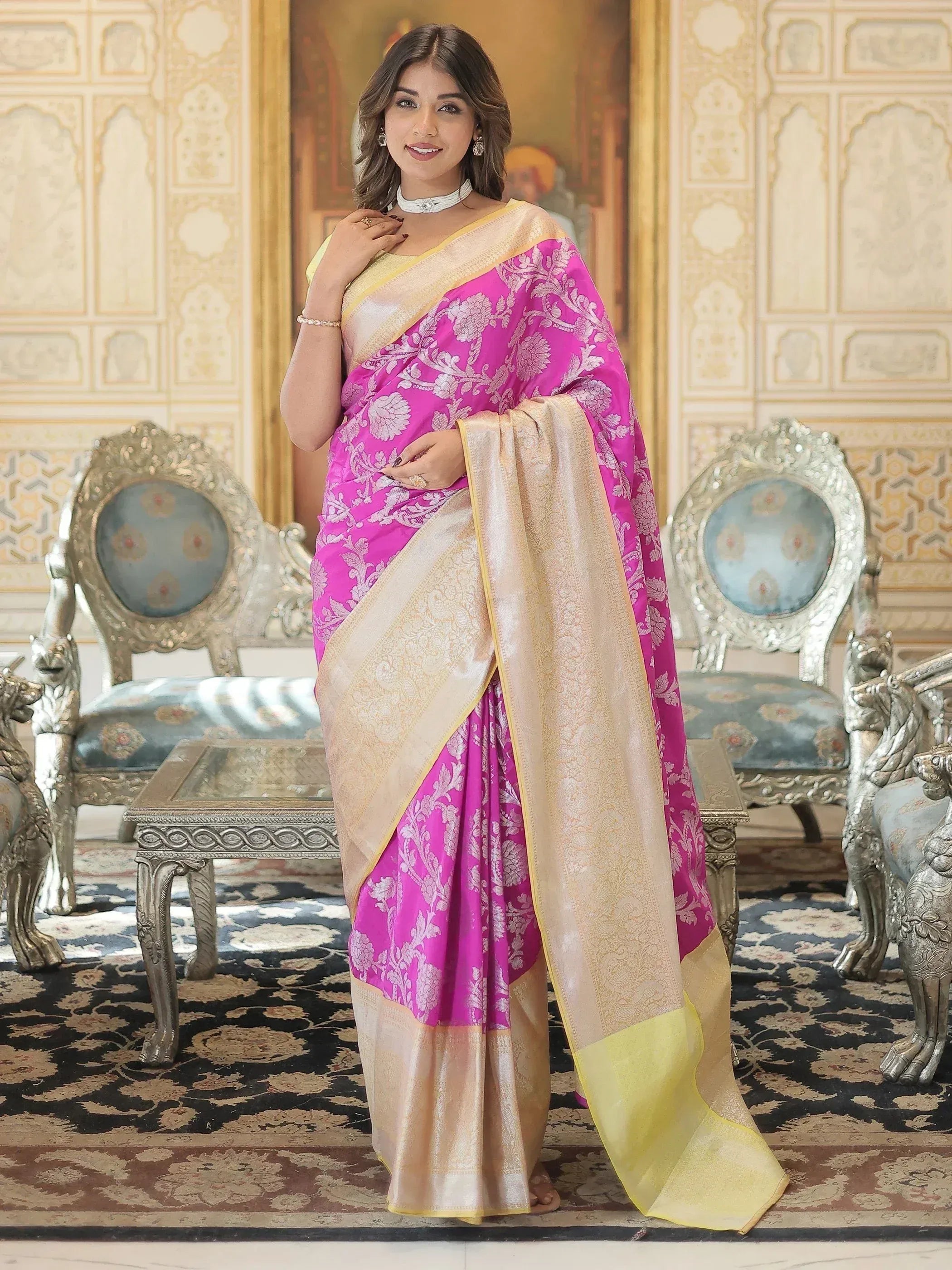 Pink floral designer saree with gold border, elegant Indian ethnic wear for women
