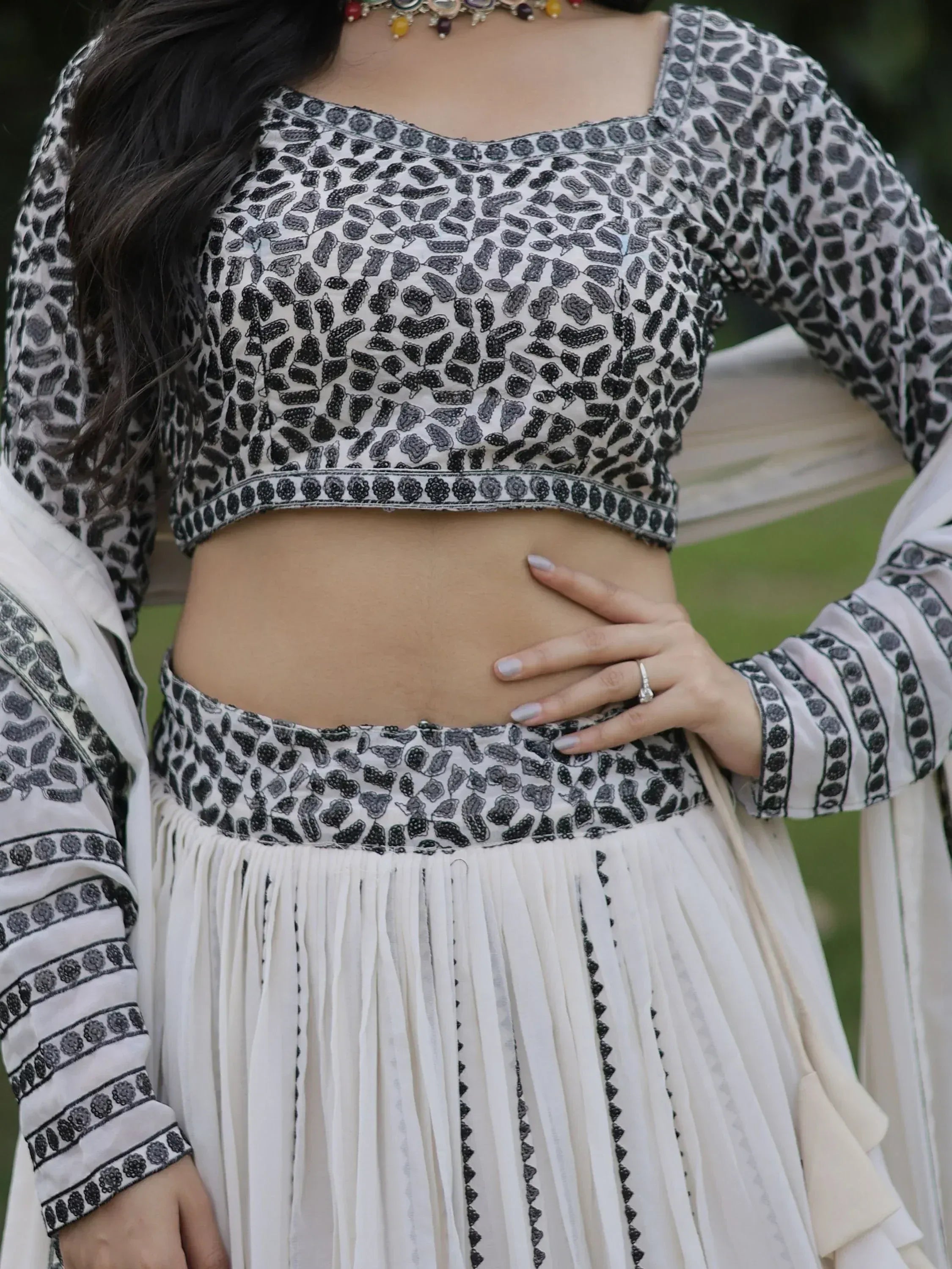 Black and white printed crop top with pleated skirt, ethnic wear for women