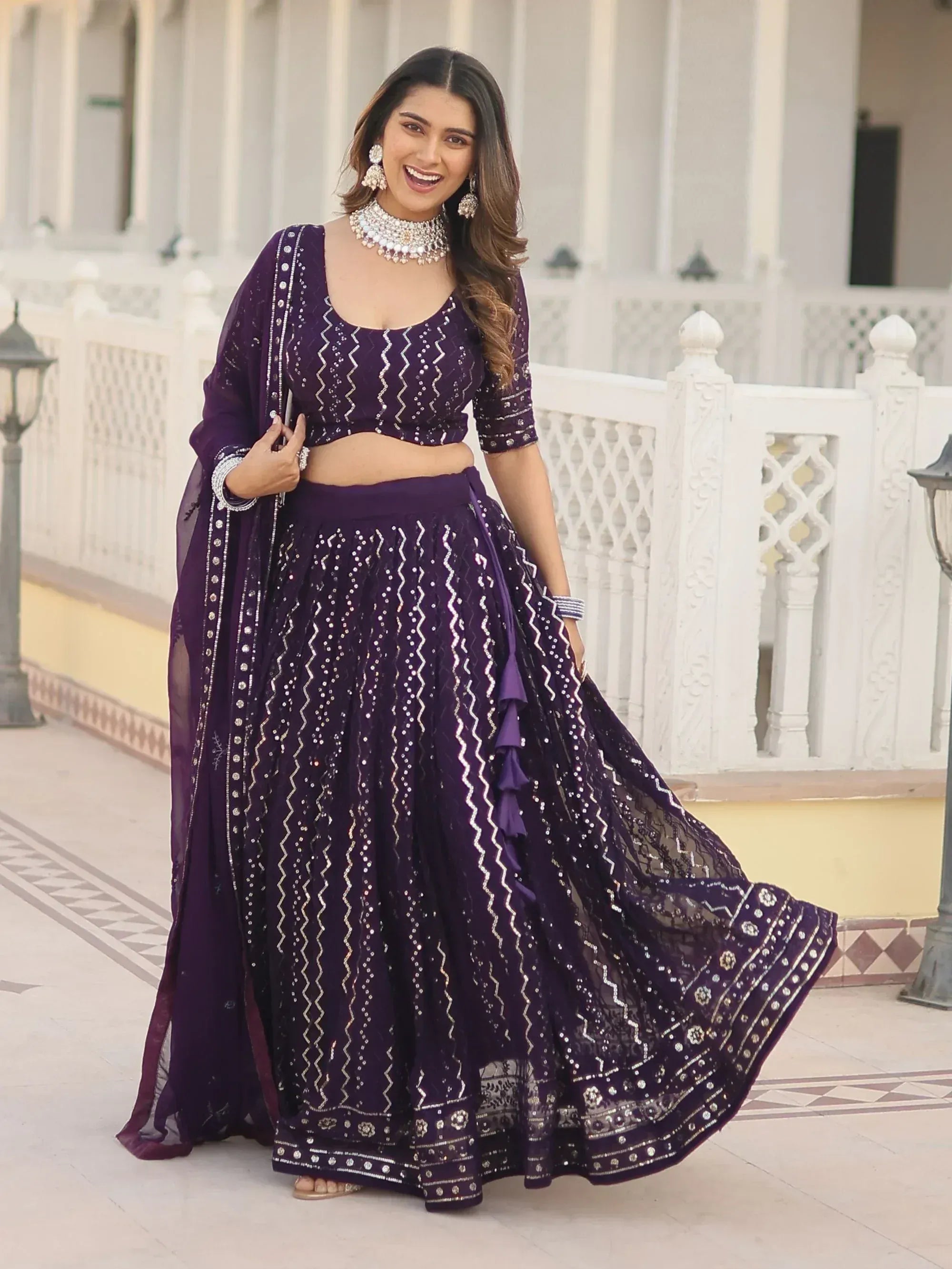 Purple designer lehenga choli with sequin work, perfect for Indian ethnic occasions and weddings