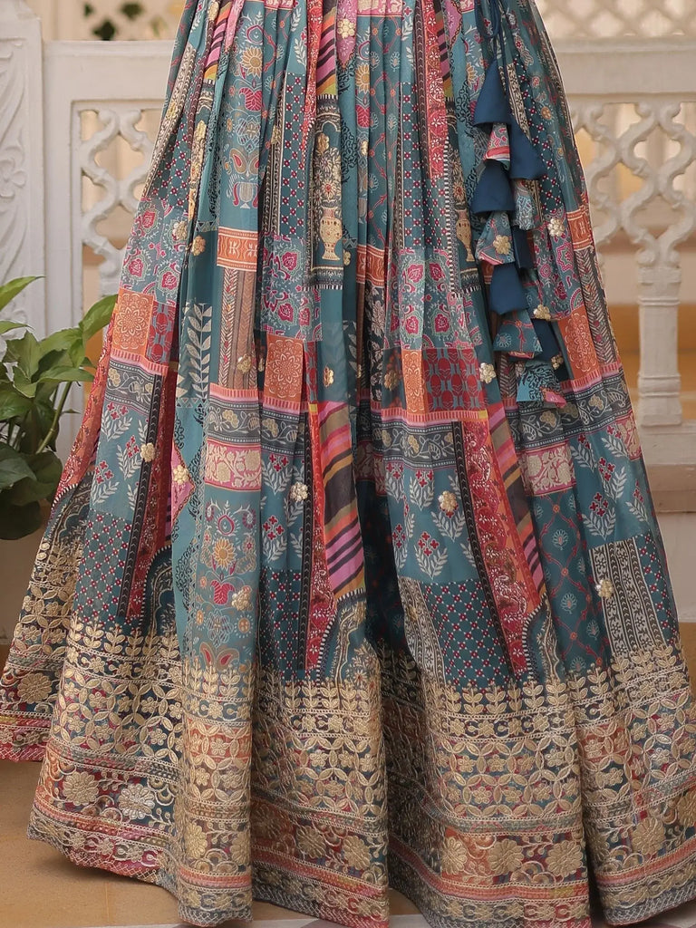 Majestic Dusty Blue Digital Printed Silk Designer Crop Top Lehenga