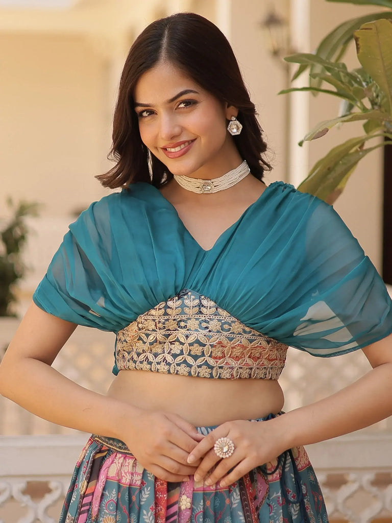 Majestic Dusty Blue Digital Printed Silk Designer Crop Top Lehenga