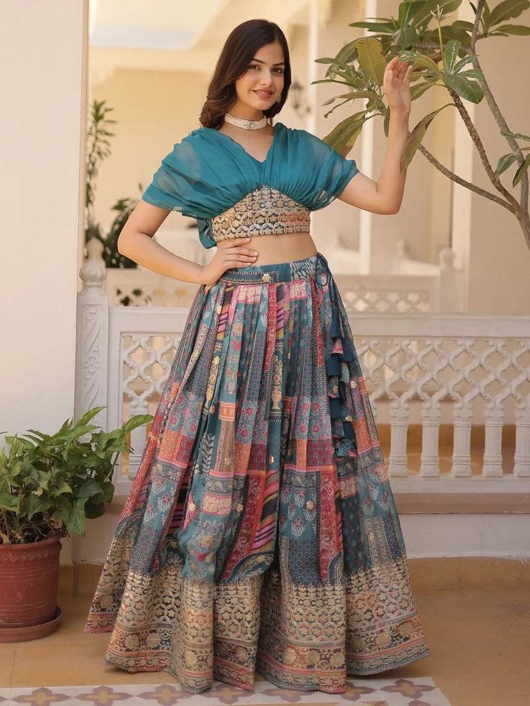 Majestic Dusty Blue Digital Printed Silk Designer Crop Top Lehenga