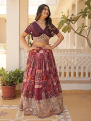 Wonderful Wine Digital Printed Silk Party Wear Crop Top Lehenga