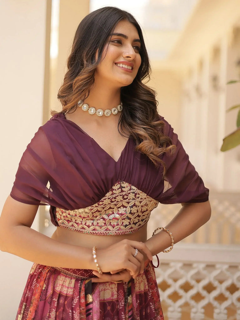 Wonderful Wine Digital Printed Silk Party Wear Crop Top Lehenga