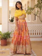 Awesome Yellow Digital Printed Silk Haldi Wear Crop Top Lehenga