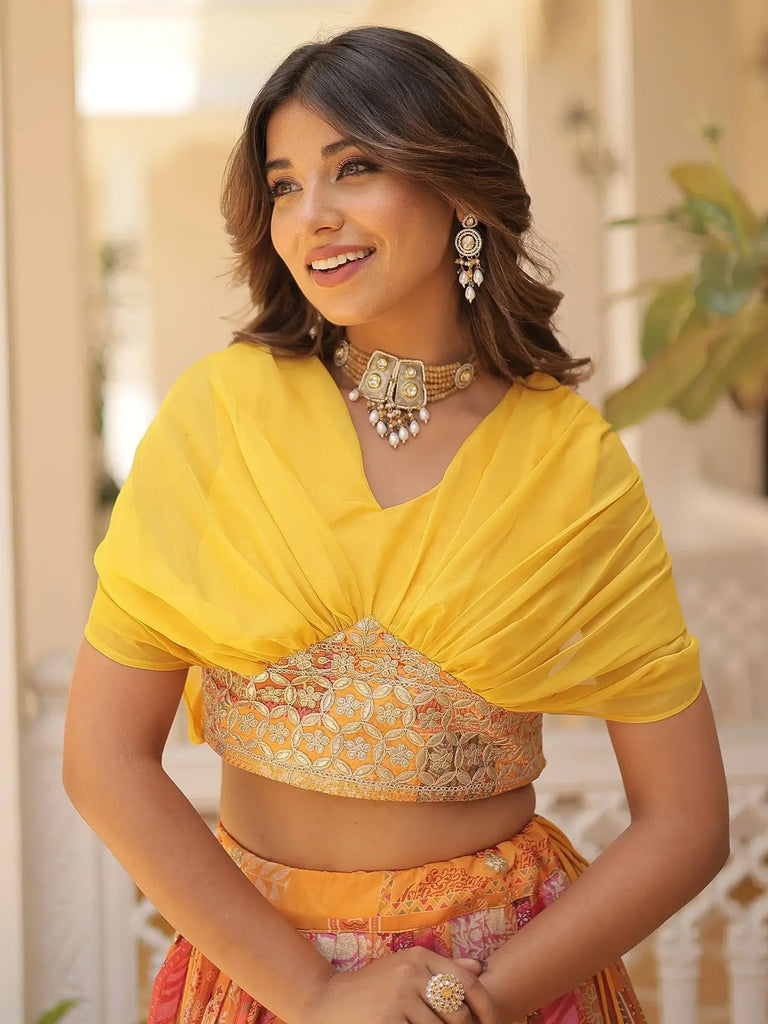 Awesome Yellow Digital Printed Silk Haldi Wear Crop Top Lehenga