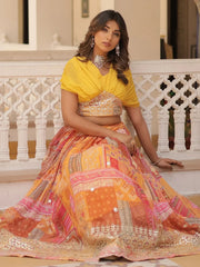 Awesome Yellow Digital Printed Silk Haldi Wear Crop Top Lehenga