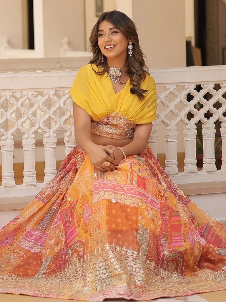 Awesome Yellow Digital Printed Silk Haldi Wear Crop Top Lehenga