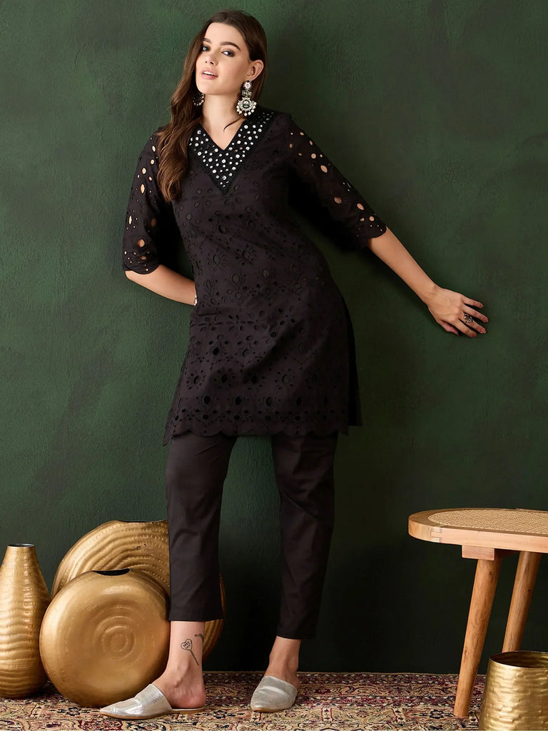 Astonishing Black Cotton Schiffli Embroidery Solid Kurta With Trouser
