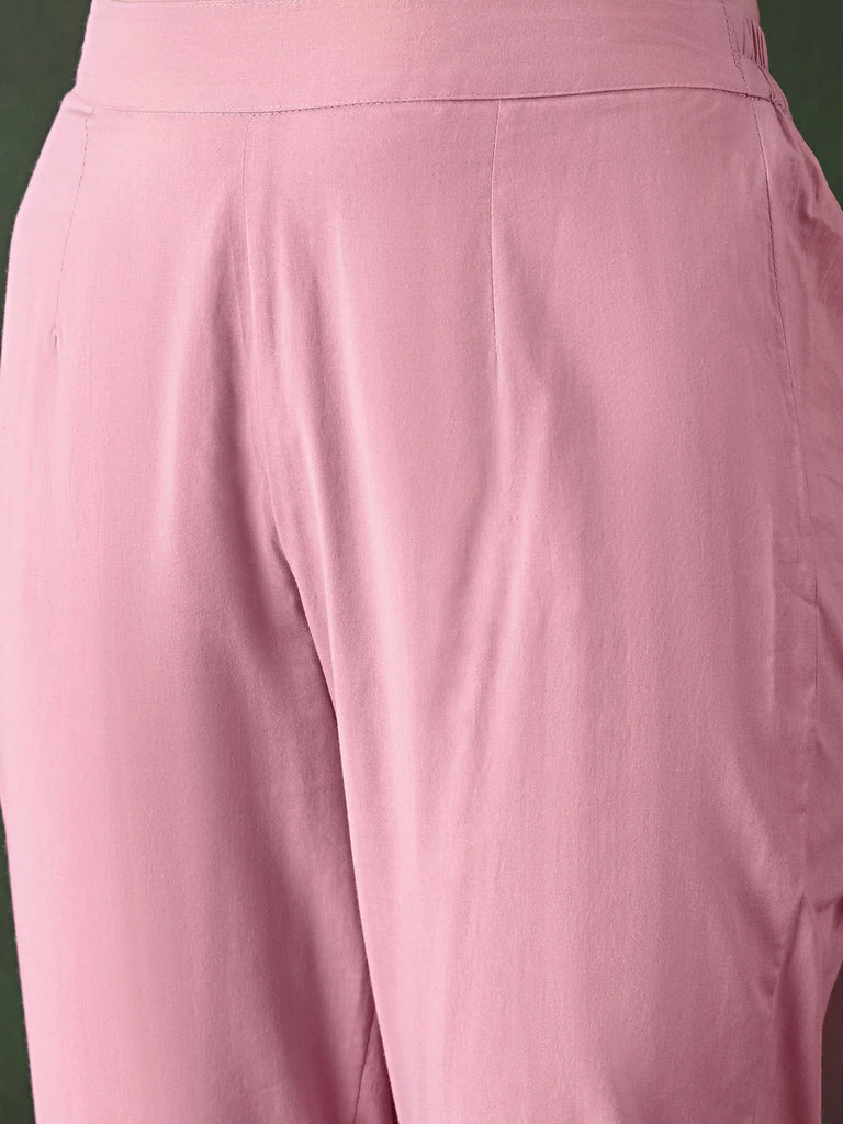 Wonderful Pink Cotton Schiffli Embroidery Kurta Trouser With Dupatta