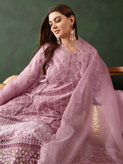 Wonderful Pink Cotton Schiffli Embroidery Kurta Trouser With Dupatta