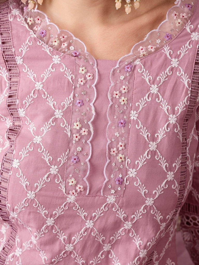 Wonderful Pink Cotton Schiffli Embroidery Kurta Trouser With Dupatta