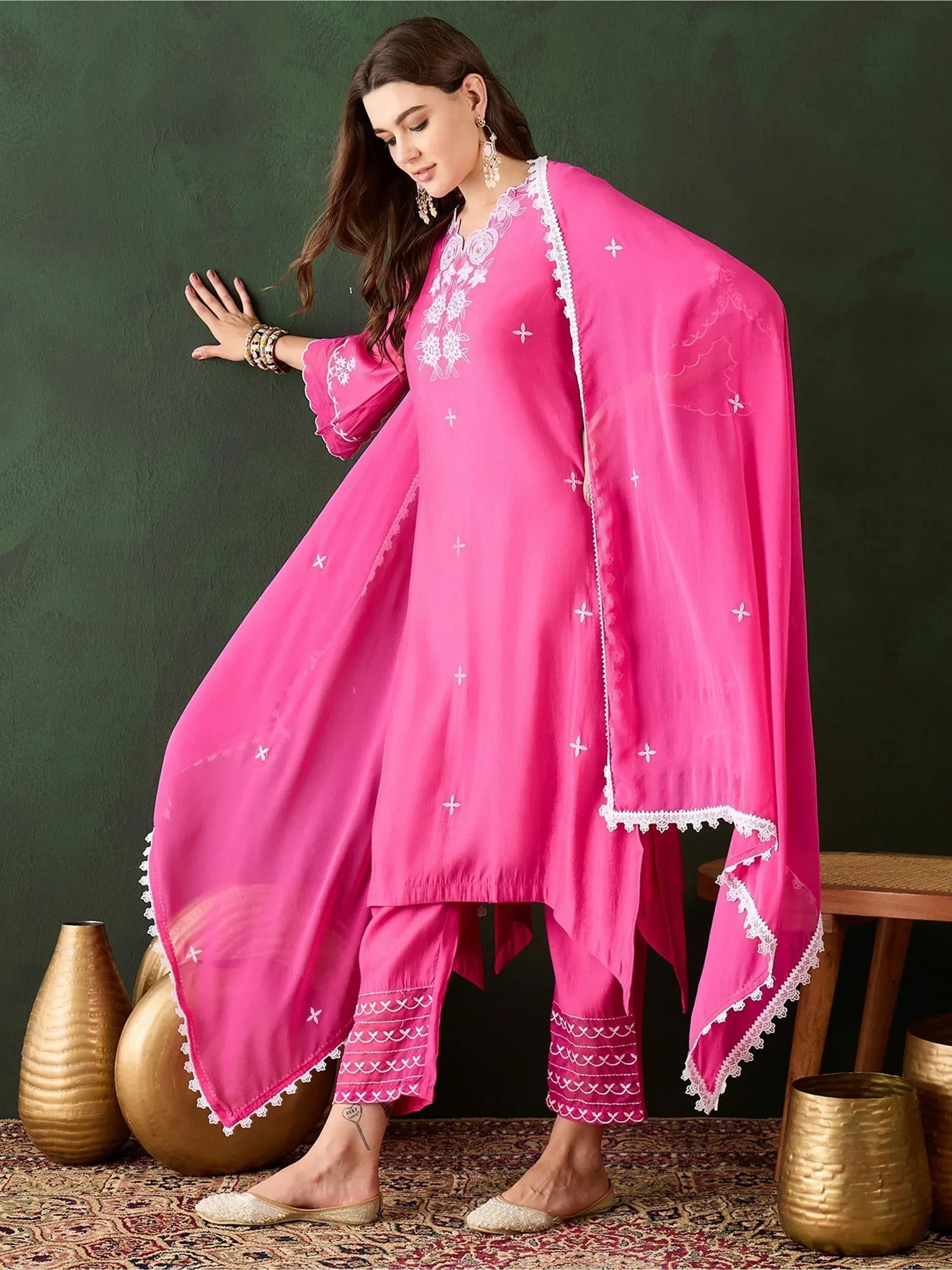 Pink embroidered salwar kameez with lace dupatta, perfect for Indian ethnic wear